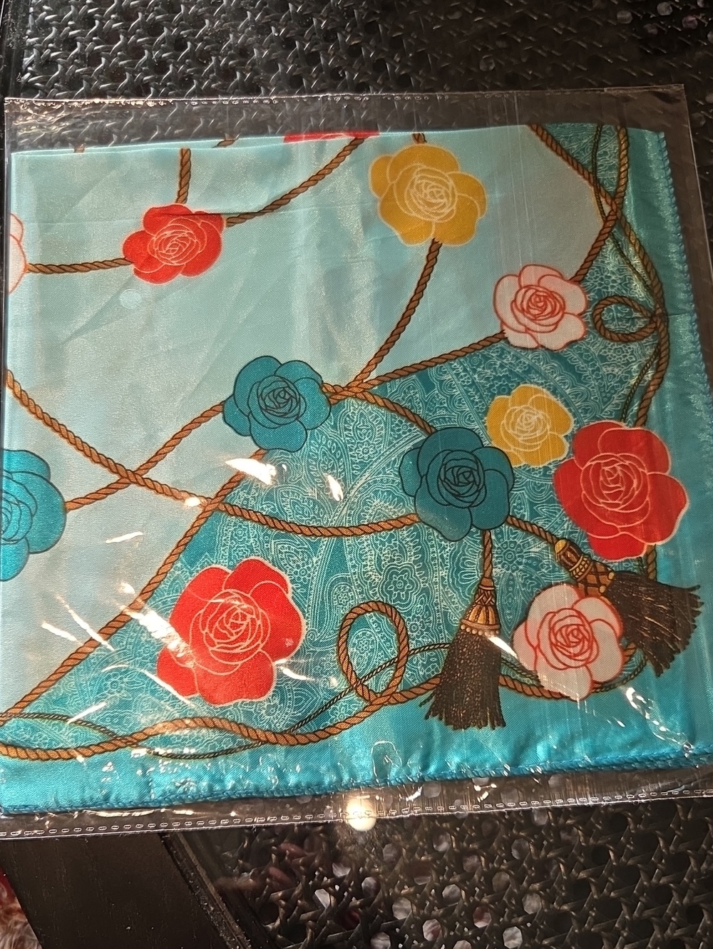 Floral Rope Print Silk Like Scarf in Aqua with Red, Yellow & Teal Roses 19 x 19